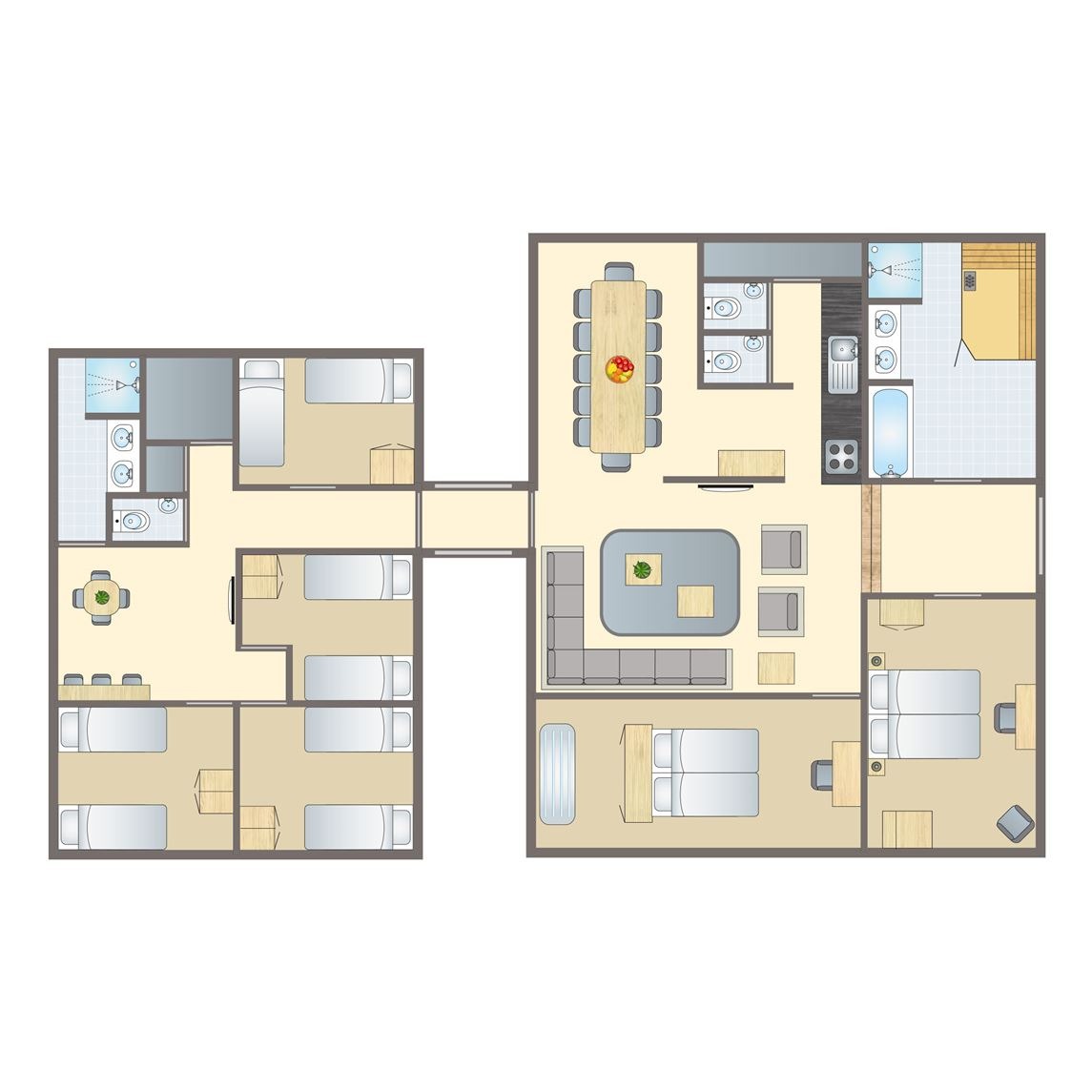 Plattegrond van 12-persoons bungalow