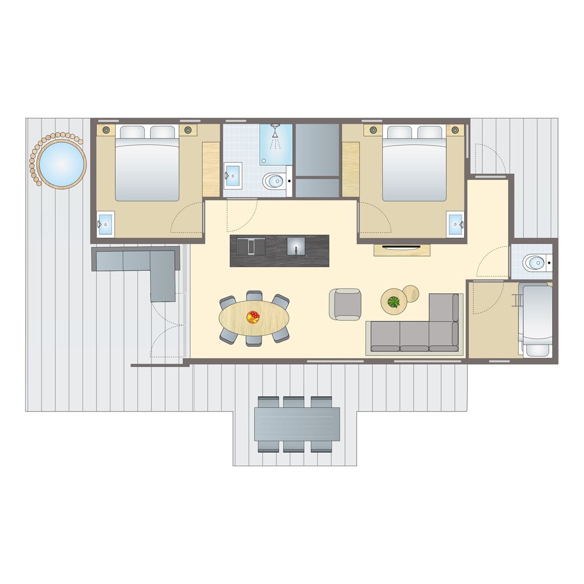 Plattegrond van 6 persoons Water & Hottub Lodge